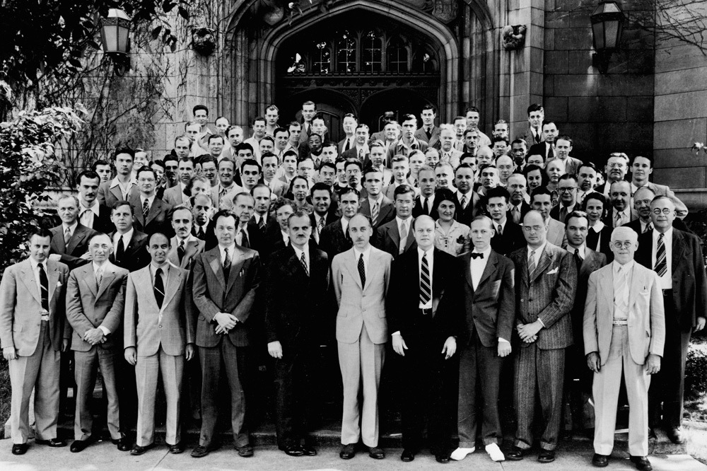 In 1952, atomic scientists came together on the 10th anniversary of the first controlled nuclear fission chain reaction, which took place Dec. 2, 1942, at the University of Chicago. (Courtesy of University of Chicago Photographic Archive)