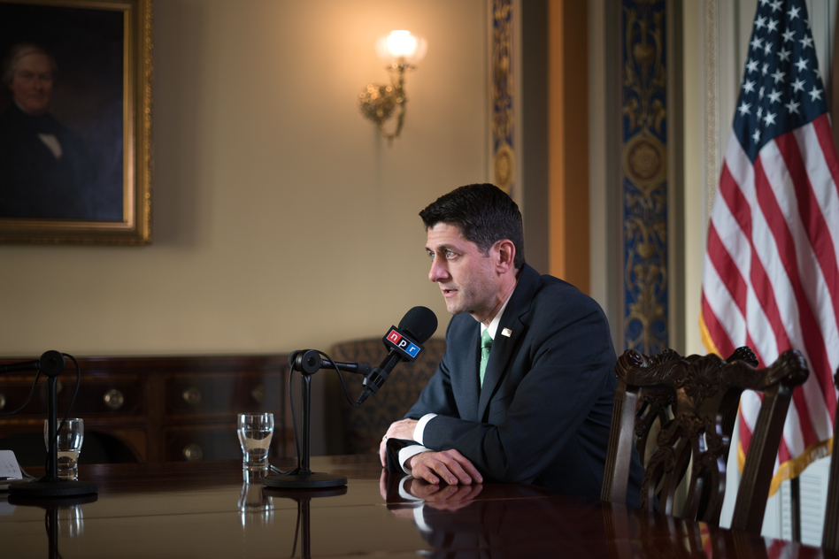 "I think we're all realizing that sexual harassment in America is absolutely pervasive and it's got to go and we need to end it," says House Speaker Paul Ryan. (Claire Harbage/NPR)