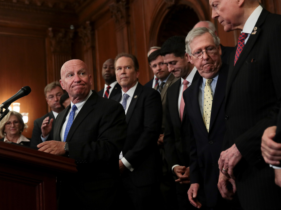 House Ways and Means Committee Chairman Kevin Brady (left) pauses while speaking during a press event with Republican leaders to discuss their tax plans on Sept. 27 in Washington, D.C. (Drew Angerer/Getty Images)