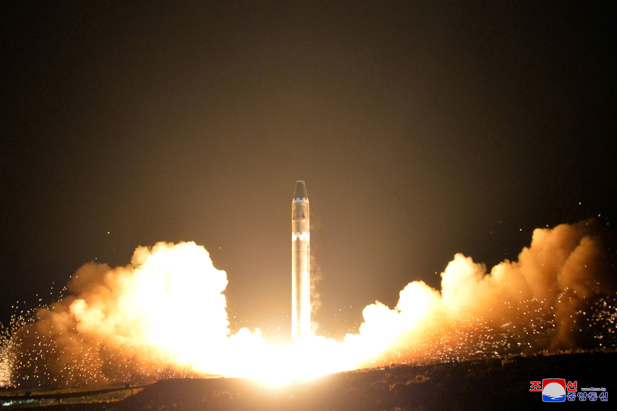 A view of Wednesday's successful test launch of the newly developed intercontinental ballistic rocket Hwasong-15 is seen in this undated photo released by North Korea's Korean Central News Agency in Pyongyang. (KCNA via Reuters)
