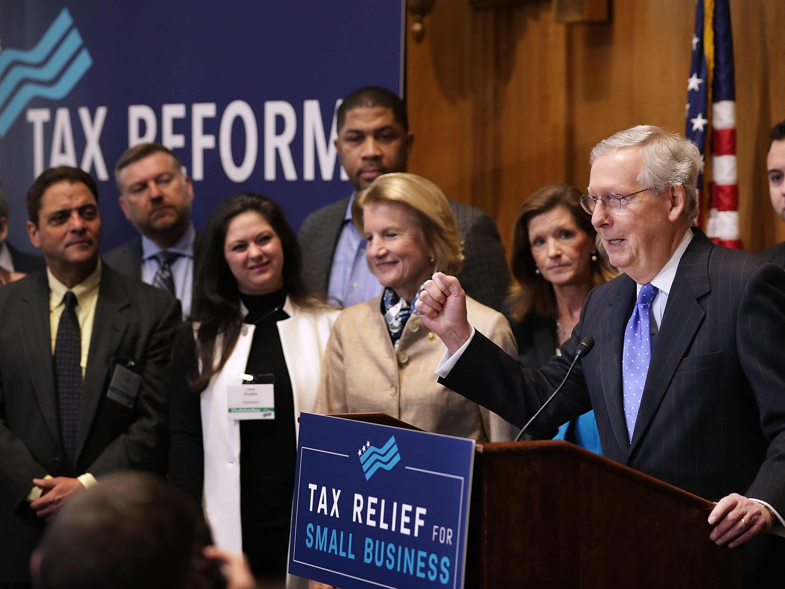 Senate Majority Leader Mitch McConnell addressed a tax reform news conference on Capitol Hill last Thursday, alongside Sen. Shelley Moore Capito of West Virginia and representatives of small-business groups. (Getty Images)