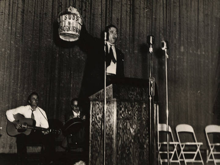 &quot;Big Jim&quot; Folsom during a campaign event in 1946. He also would bring a bucket and mop to campaign events, vowing to clean up state government. The bucket was used to collect campaign donations. (Courtesy of the Alabama Department of Archives and History)