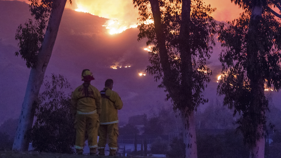Cal Fire firefighters keep watch on a wildfire blaze burning the mountainside near the Cate School campus in Carpinteria, Calif., on Dec. 10, 2017. (Kenneth Song/AP)