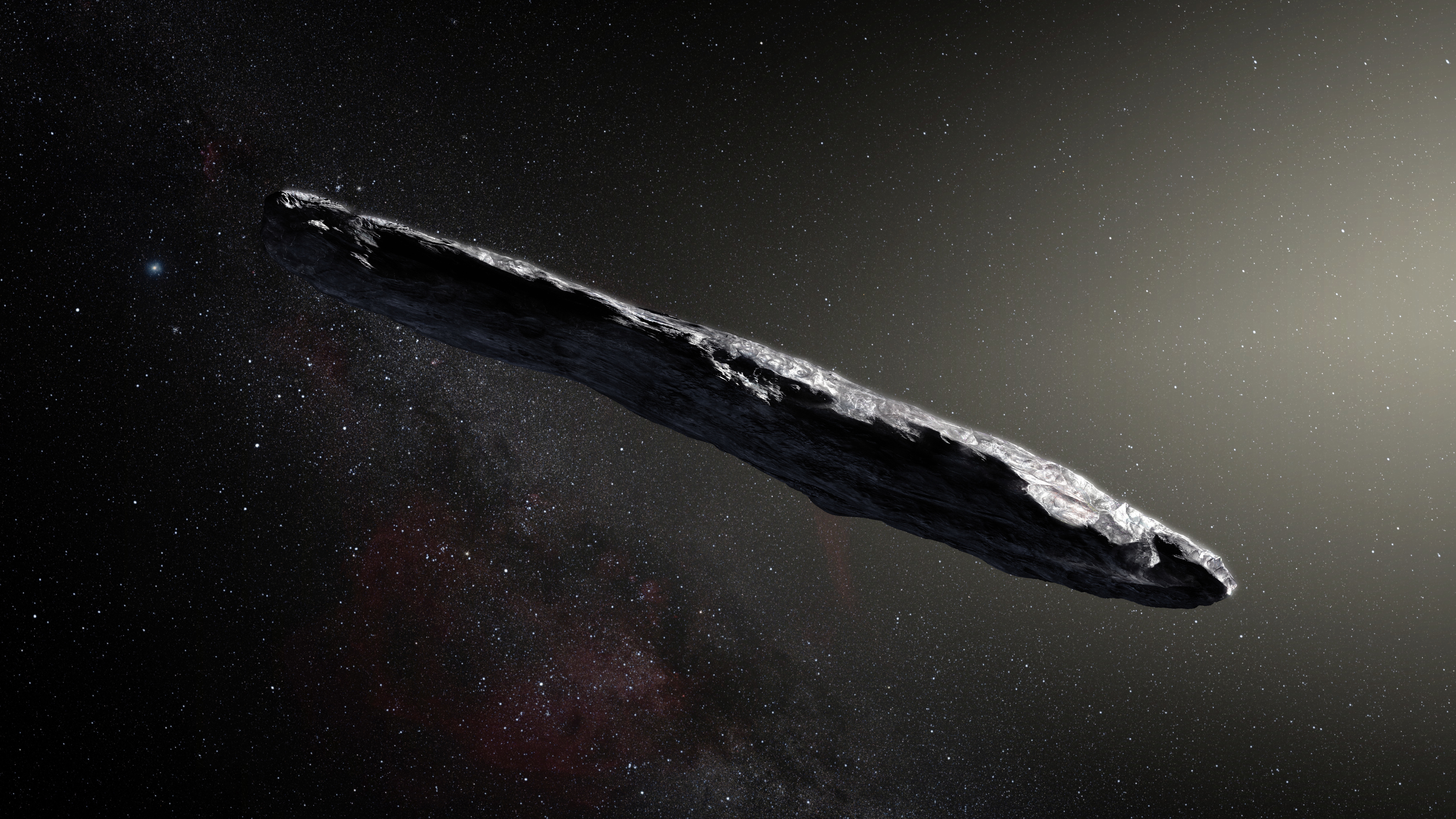 An artist's illustration of 'Oumuamua, a cigar-shaped interstellar object discovered in October. Now, astronomers want to know if this interloper might harbor life. (ESO/M. Kornmesser)