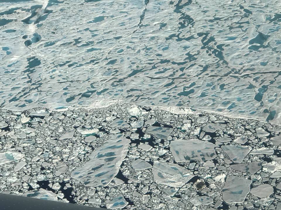 Melt ponds dot a stretch of sea ice in the Arctic Ocean, north of Greenland. This year was the Arctic's second-warmest in at least 1,500 years, after 2016. (NASA)