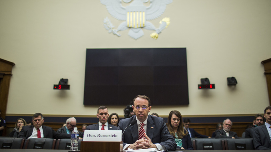Deputy Attorney General Rod Rosenstein testifies during a House Judiciary Committee hearing on Wednesday in Washington, D.C. (Zach Gibson/Getty Images)