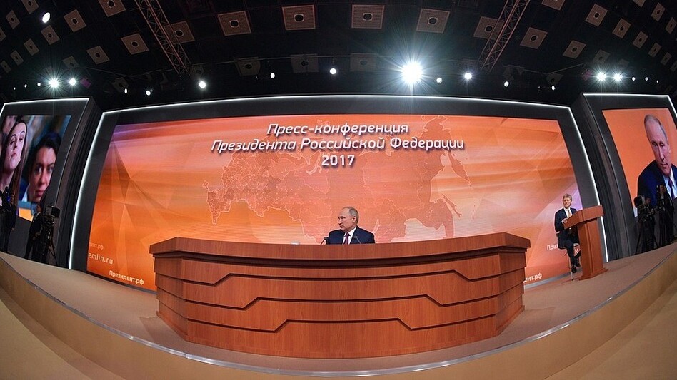 Russian President Vladimir Putin is seen at his annual news conference, in an image released by the Kremlin. (The Kremlin)