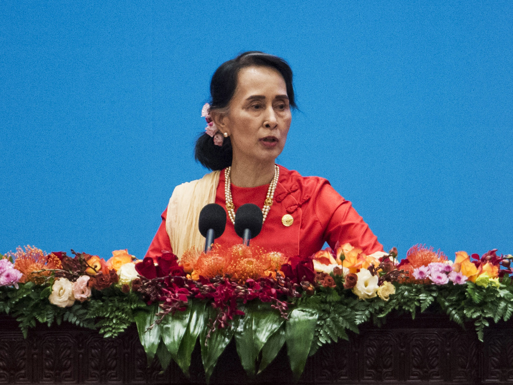 Myanmar's civilian leader Aung San Suu Kyi gives a speech this month in Beijing. The U.N. human rights chief says she could be held responsible for her country's brutal treatment of the Rohingya. (AFP/Getty Images)