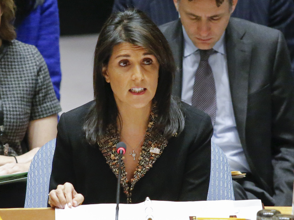 U.S. Ambassador to the U.N. Nikki Haley speaks during a Security Council meeting on Monday. The Council voted on a resolution that expressed "deep regret at recent decisions concerning the status of Jerusalem," without mentioning the U.S. by name.