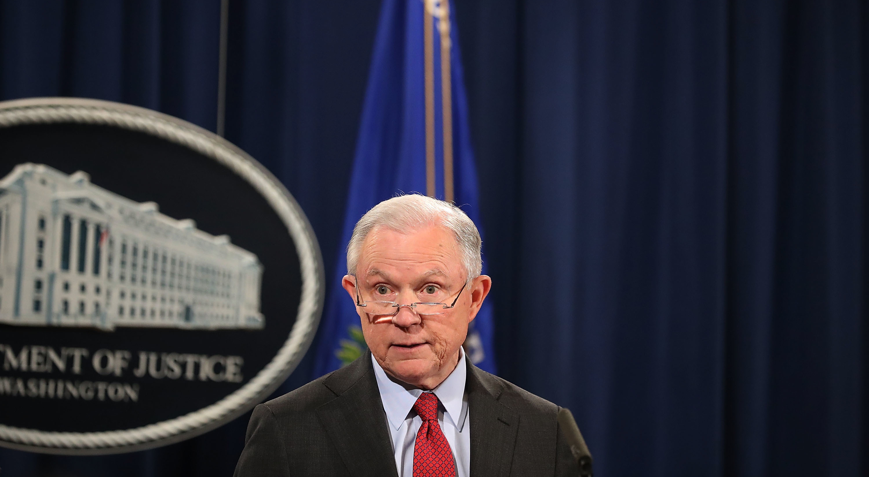 Attorney General Jeff Sessions holds a news conference at the Department of Justice last week, highlighting his department's fight to reduce violent crime. (Getty Images)
