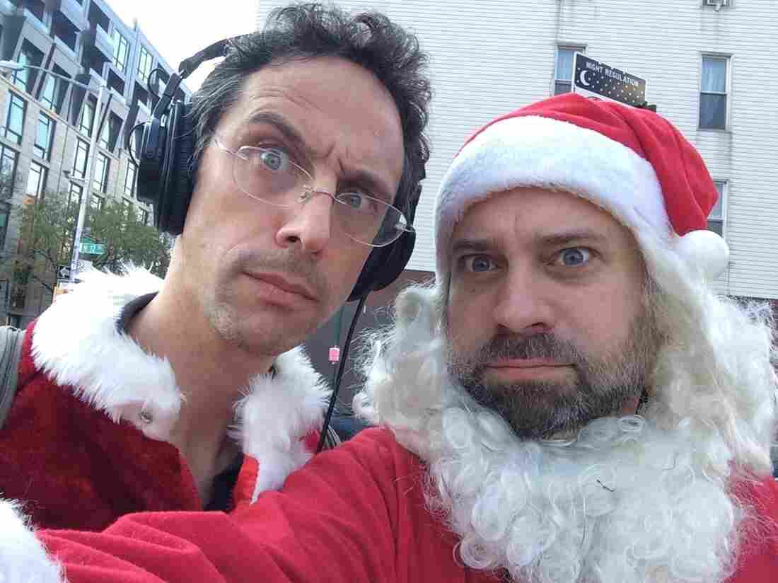 Jacob and Robert take a Santa selfie