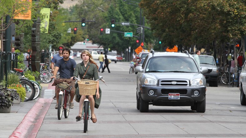 Bikers pedal through downtown Boise, Idaho, on Sept. 14, 2010. (Charlie Litchfield/AP)