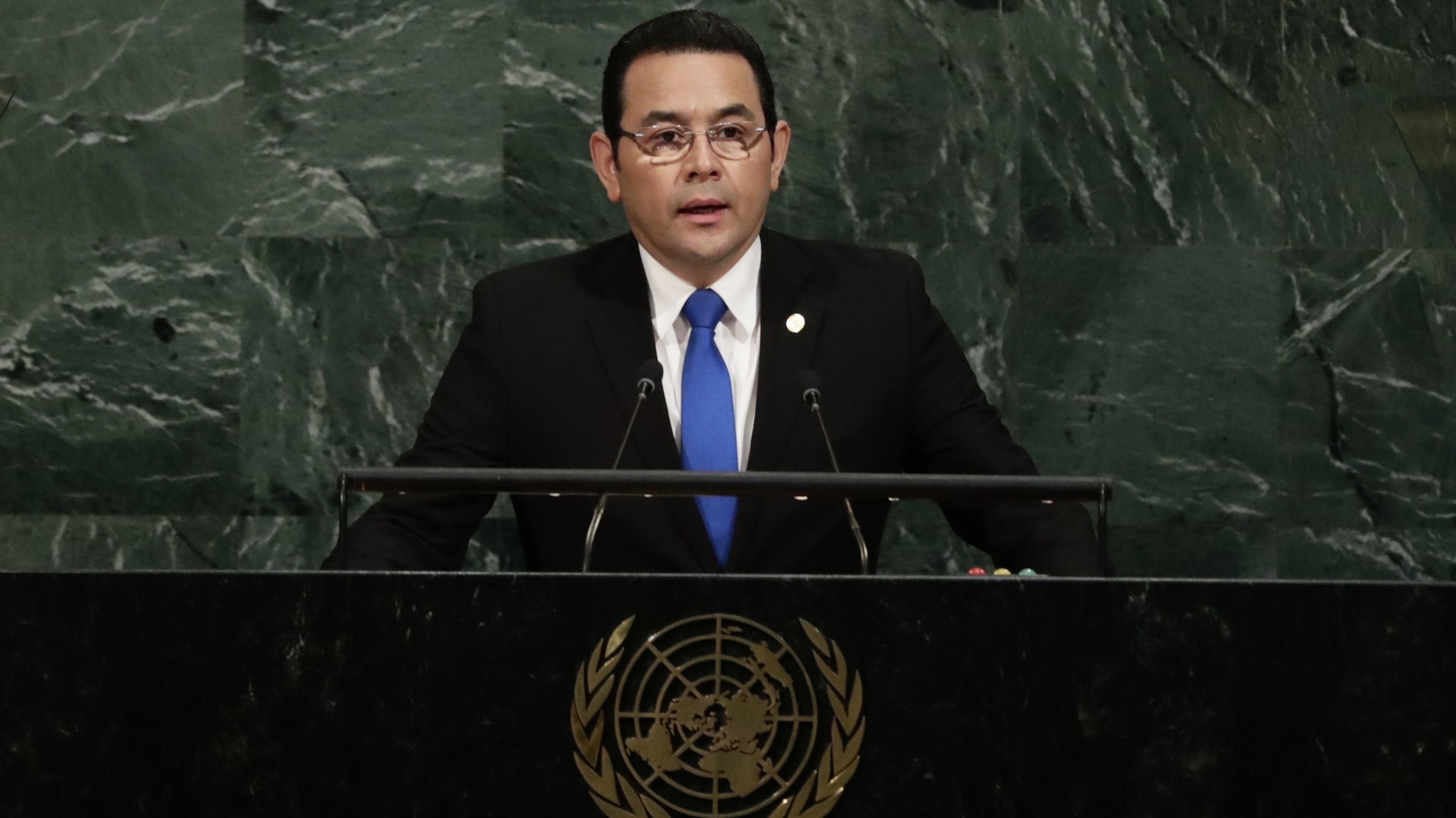 Guatemala's President Jimmy Morales addresses the United Nations General Assembly on Sept. 19, 2017, at the United Nations headquarters.