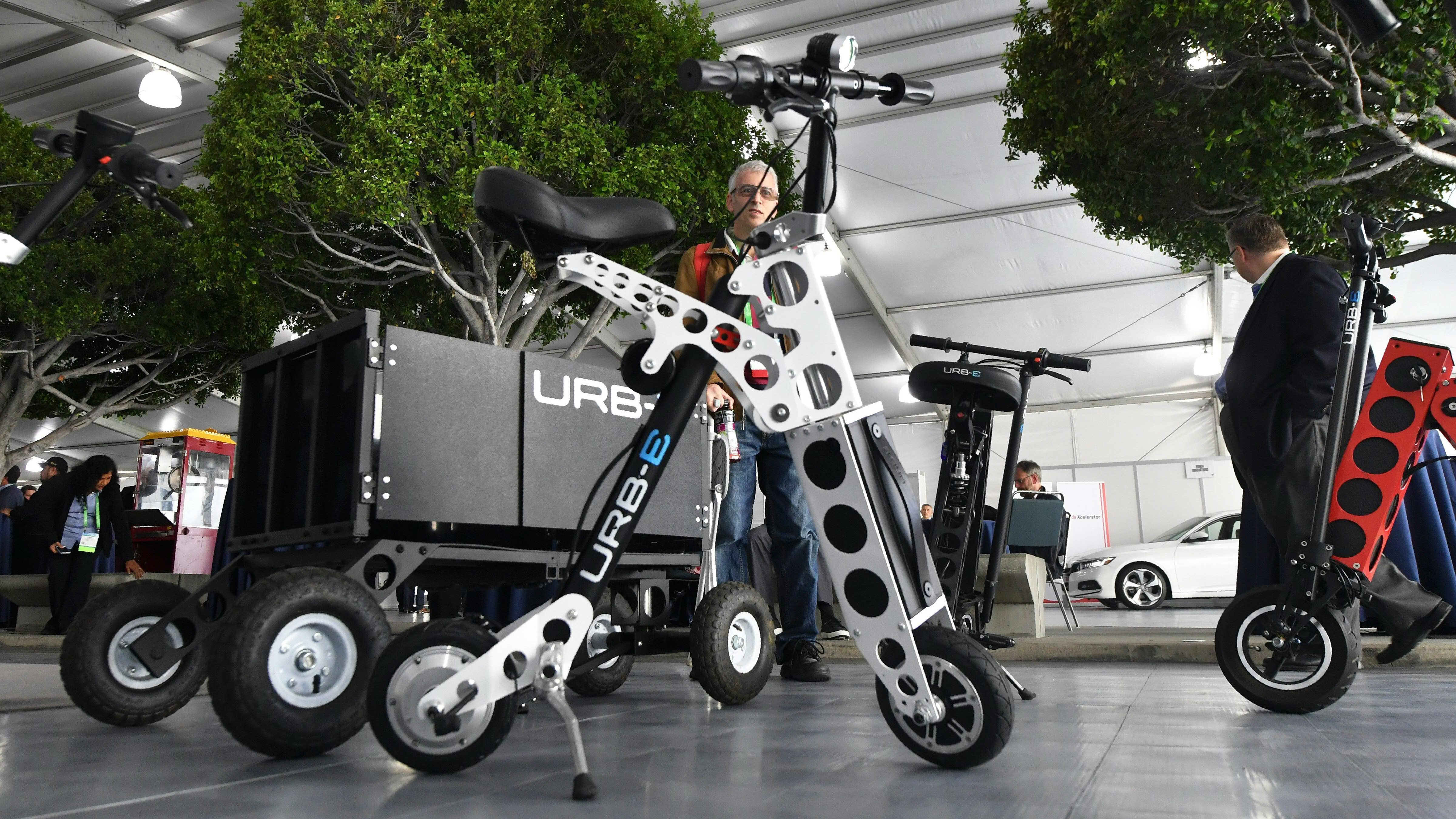 The URB-E electric folding bicycle is displayed Nov. 28 inside the Technology Pavilion at the 2017 LA Auto Show. (AFP/Getty Images)