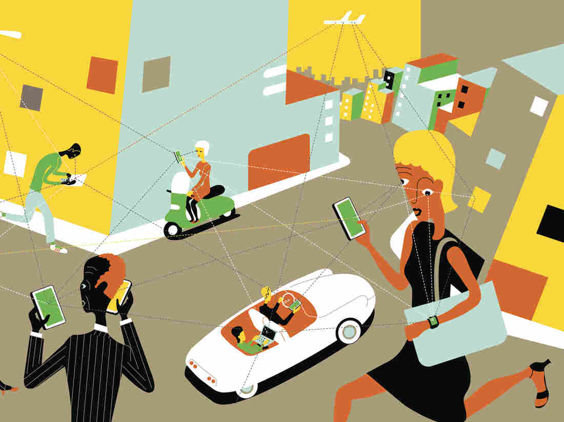 Busy street scene with people obsessed with using smart phones and computer technology