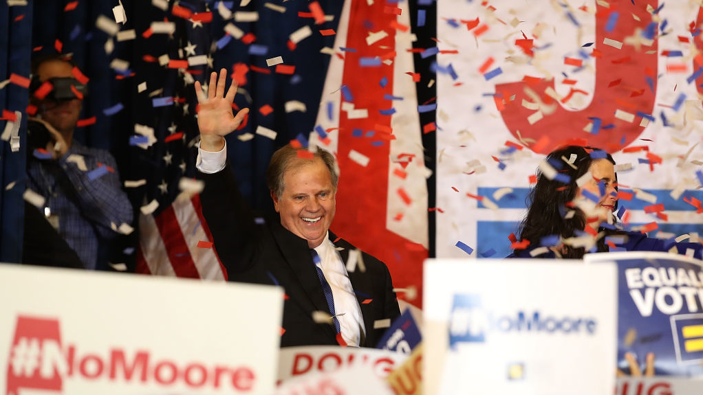 Democratic Sen.-elect Doug Jones greets supporters during his election night gathering last month. (Getty Images)