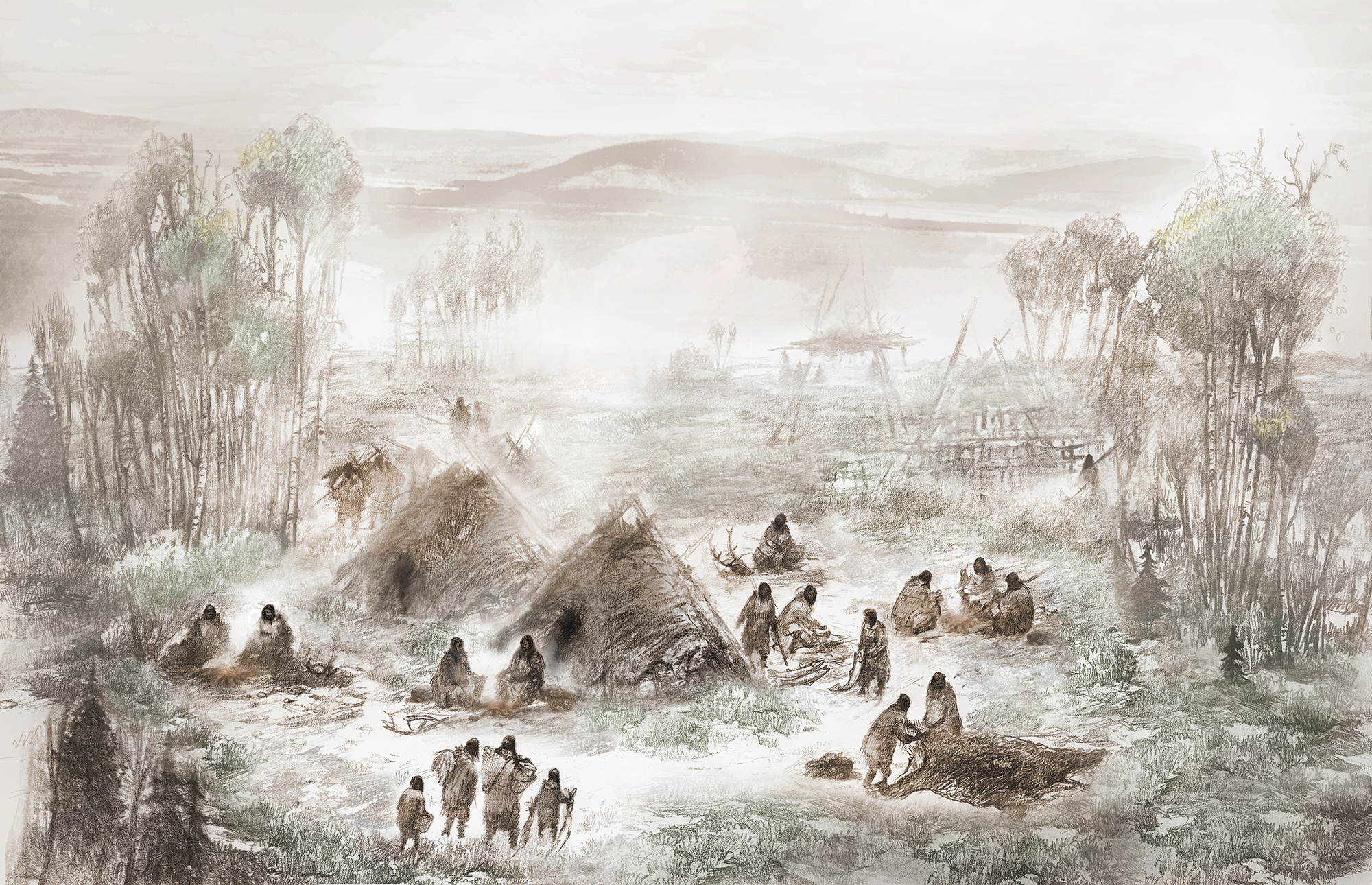 Here's what archaeologists think the Upward Sun River camp in what is now central Alaska looked like 11,500 years ago. (Eric S. Carlson and Ben A. Potter/Nature)