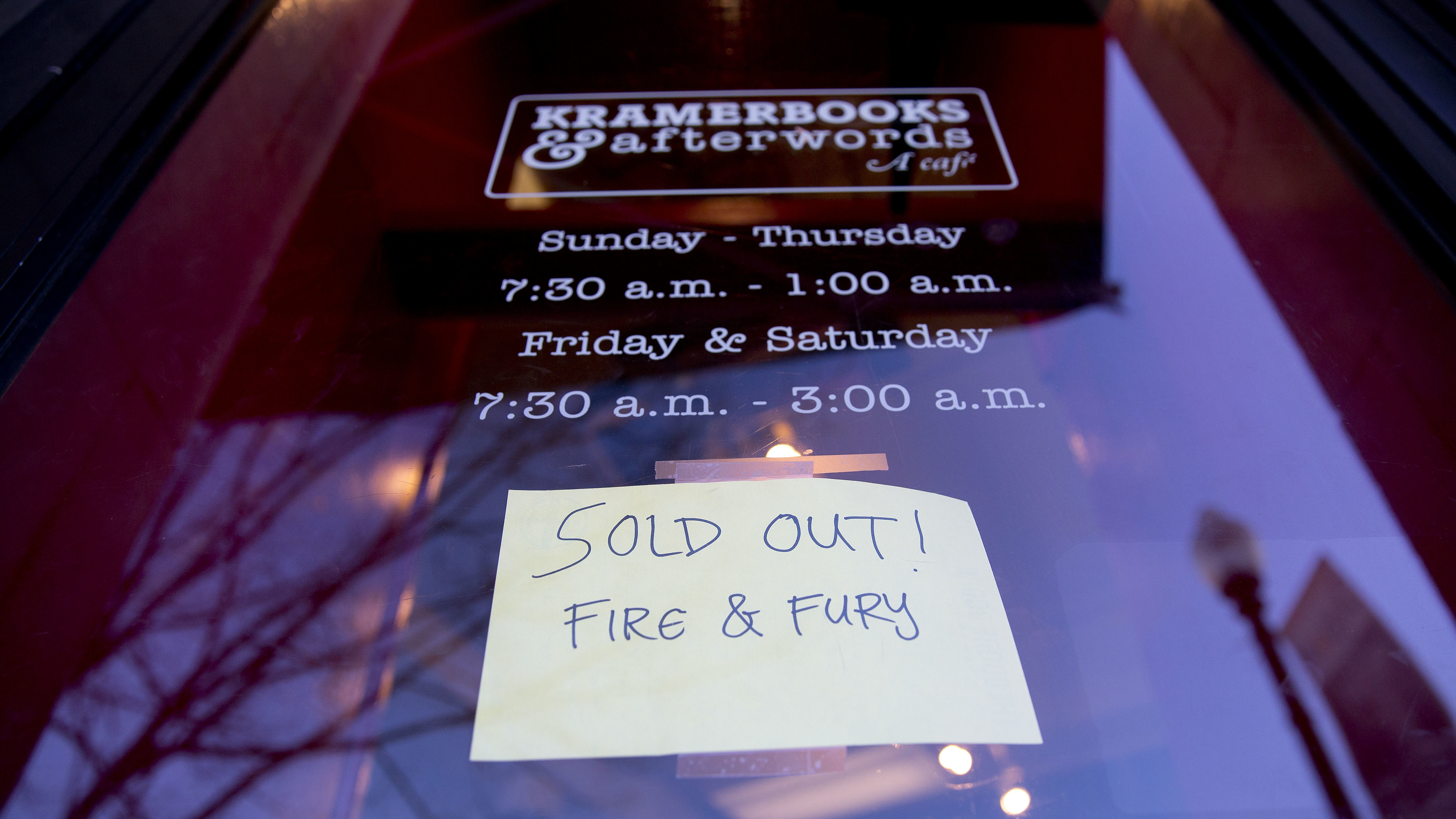 A sign posted at the door of Kramerbooks & Afterwords Cafe in Washington, D.C., announced that Fire and Fury: Inside the Trump White House was already sold out on Friday.