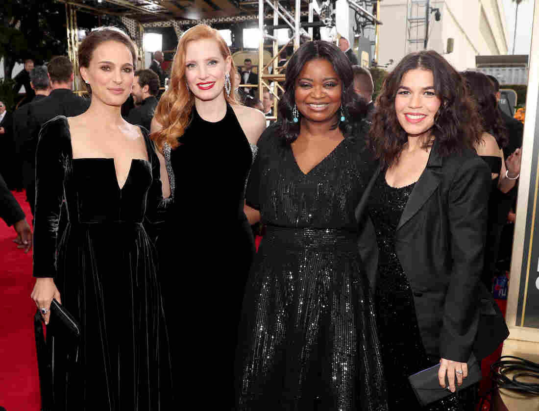 Actors Natalie Portman, Jessica Chastain, Octavia Spencer and America Ferrera arrive to the 75th Annual Golden Globe Awards.