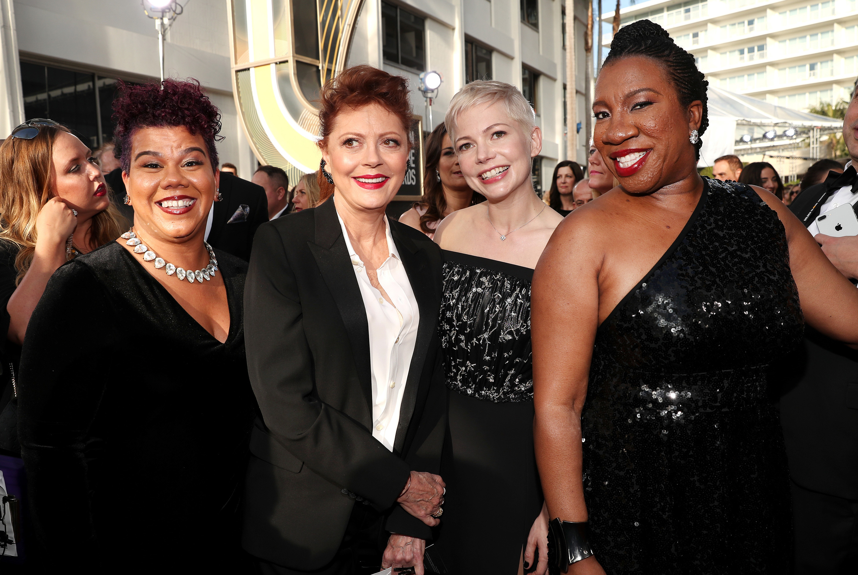 Activist Rosa Clemente (far left), actors Susan Sarandon and Michelle Williams and activist Tarana Burke (far right), arrive to the 75th Annual Golden Globe Awards held at the Beverly Hilton Hotel. Clemente is an organizer, political commentator and independent journalist. Burke is the founder of the #MeToo. movement and co-founder of Just Be You Inc. (NBCU Photo Bank via Getty Images)