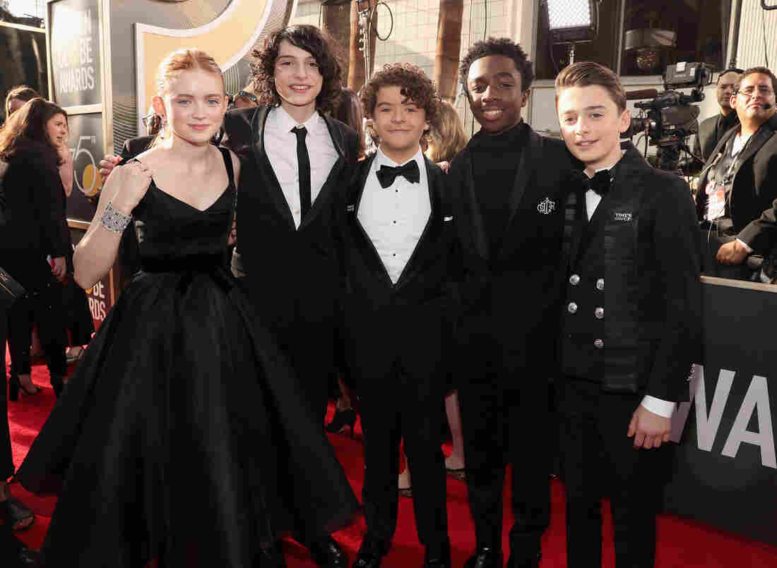 (From left to right) Actors Sadie Sink, Finn Wolfhard, Gaten Matarazzo, Caleb McLaughlin and Noah Schnapp arrive to the 75th Annual Golden Globe Awards held at the Beverly Hilton Hotel on January 7, 2018.