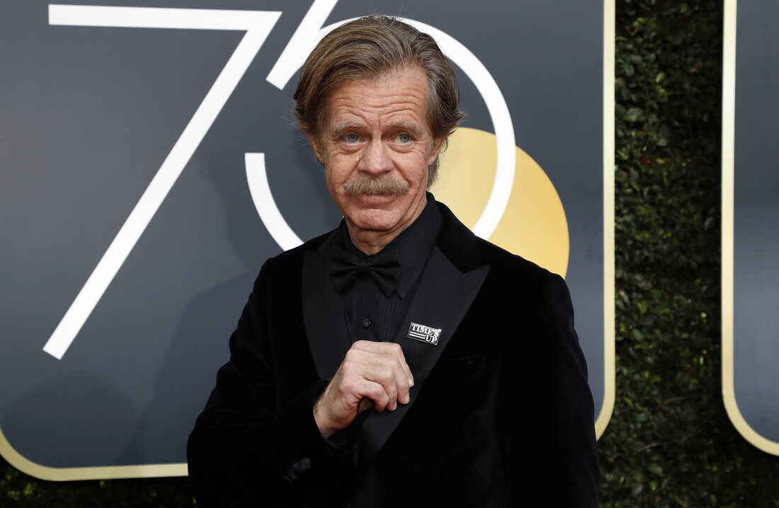 William H. Macy proudly displays his Time's Up pin at the 75th Golden Globe Awards.