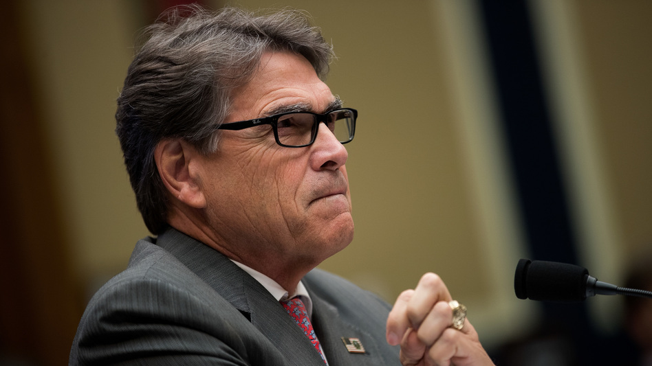 Secretary of Energy Rick Perry testifies during a House Energy and Commerce Committee hearing on Capitol Hill in Washington, D.C., on Oct. 12. Perry's proposed rule to benefit nuclear and coal power plants has been rejected by a federal regulatory commission. (Drew Angerer/Getty Images)