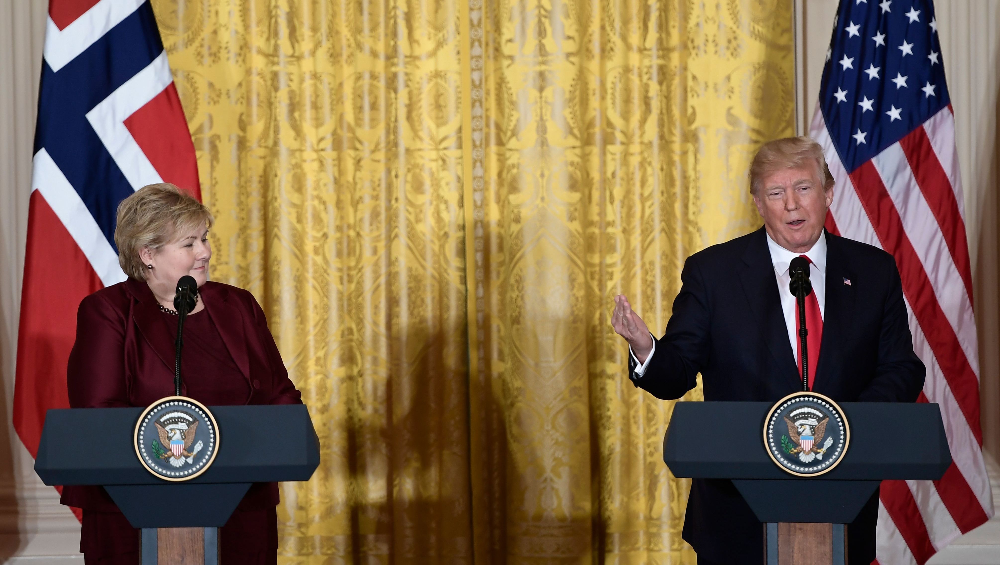 President Trump speaks during a news conference with Norwegian Prime Minister Erna Solberg at the White House on Wednesday. (AFP/Getty Images)