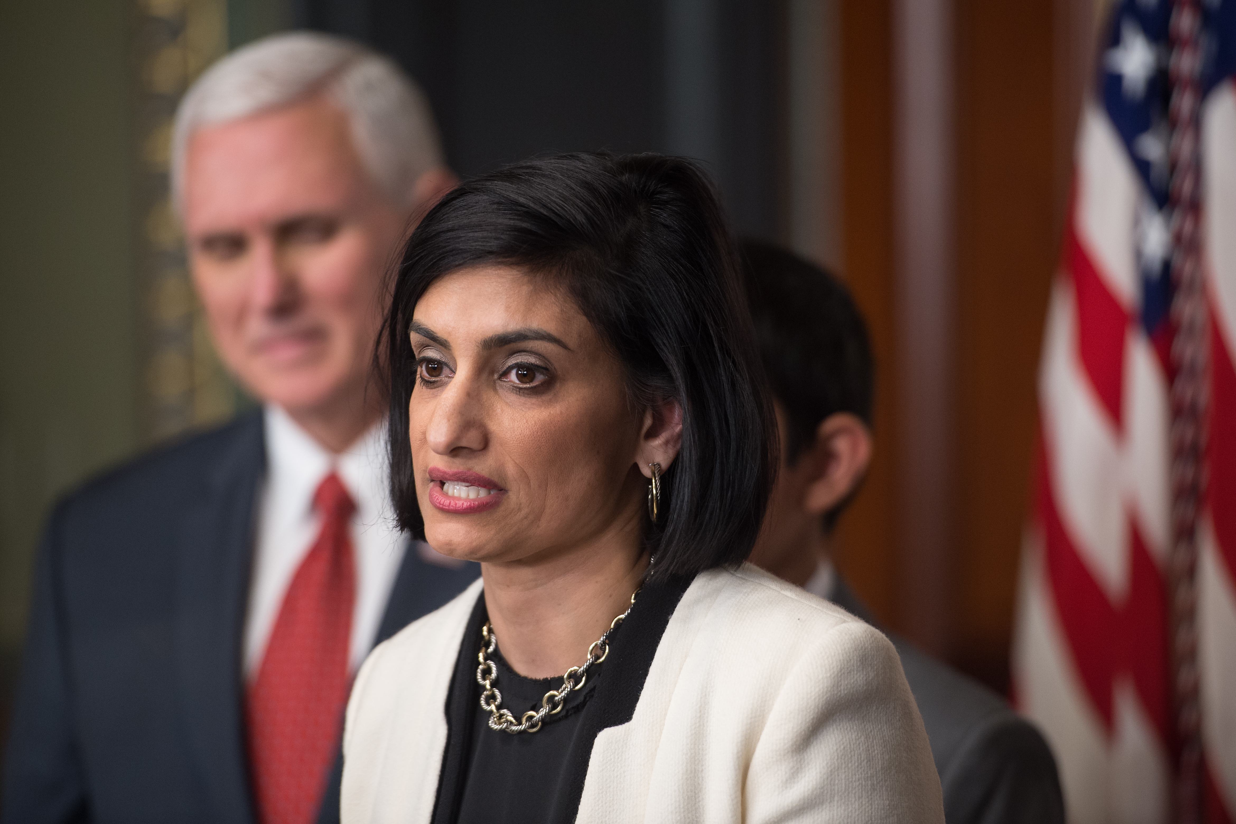 Seema Verma, administrator of the Centers for Medicare and Medicaid Services, led efforts to require work for Medicaid recipients while in charge of Indiana's program. She was sworn in as administrator of the Centers for Medicare and Medicaid Services by Vice President Pence on March 14. (AFP/Getty Images)