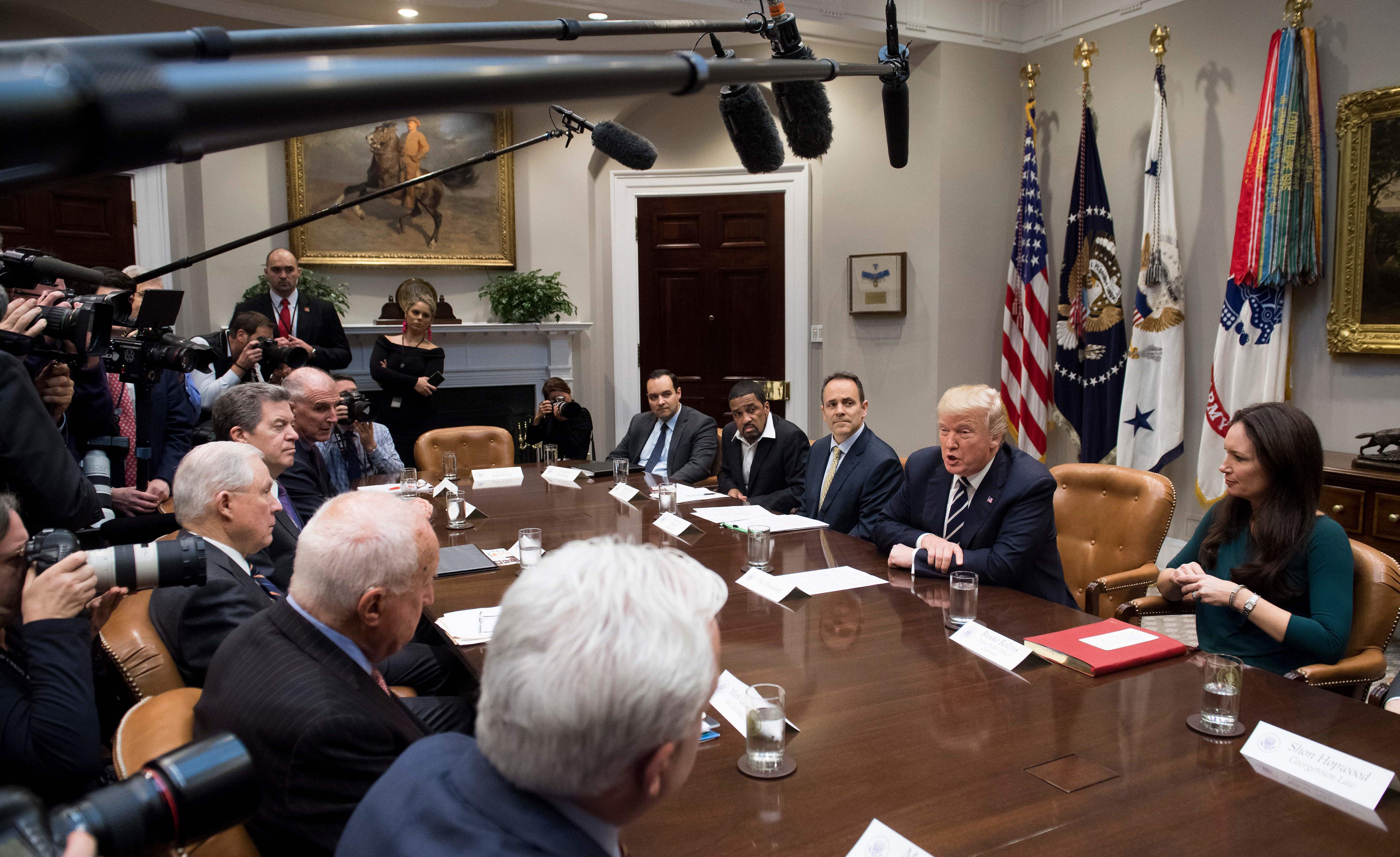 President Trump speaks during a meeting on services for people leaving prison in the Roosevelt Room of the White House on Thursday. (AFP/Getty Images)