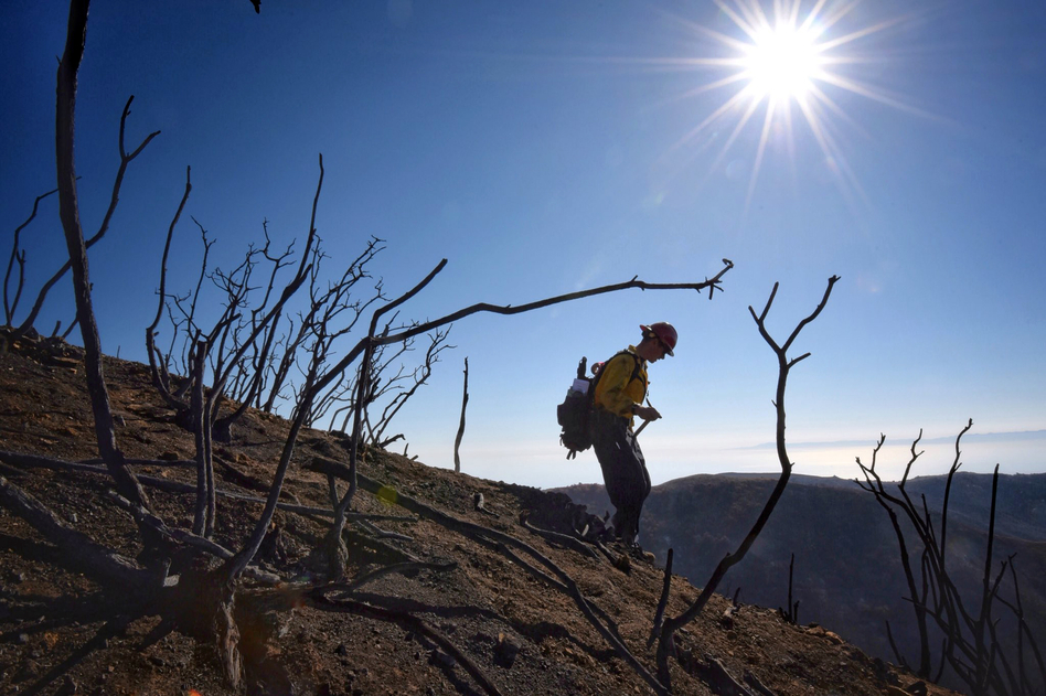 Santa Barbara County Fire Capt. Ryan Thomas hikes down steep terrain rendered barren by the Thomas Fire last month. Authorities announced Friday they had reached 100 percent containment of the fire, which is the largest in modern California history. (Mike Eliason/Santa Barbara County Fire Department via AP)