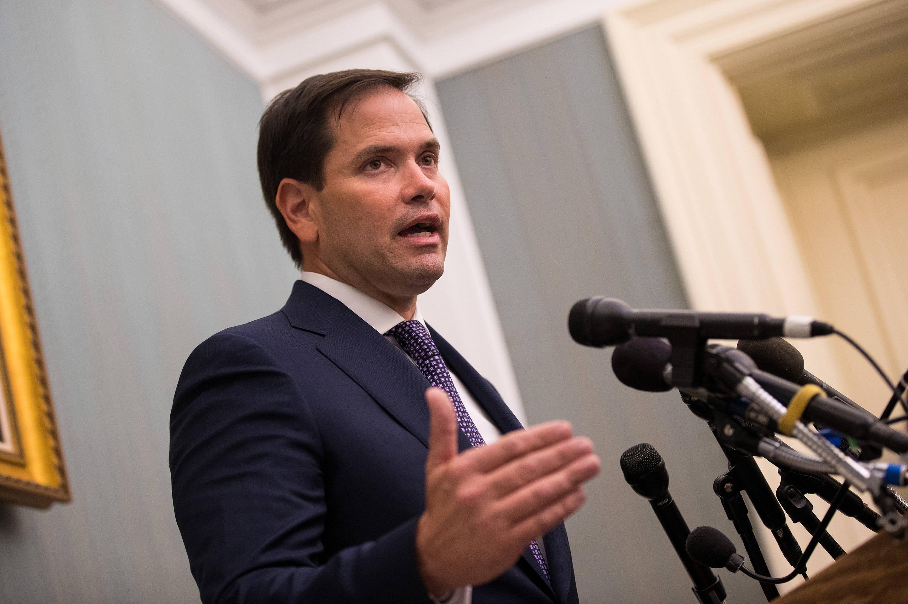 Florida Sen. Marco Rubio takes questions from reporters about the relief effort in Puerto Rico following Hurricane Maria on Sept. 26, 2017 at the U.S. Capitol. Rubio and Maryland Democrat Chris Van Hollen propose a new Senate bill that would require the intelligence community to report within one month of a federal election on whether there was foreign interference. (Getty Images)