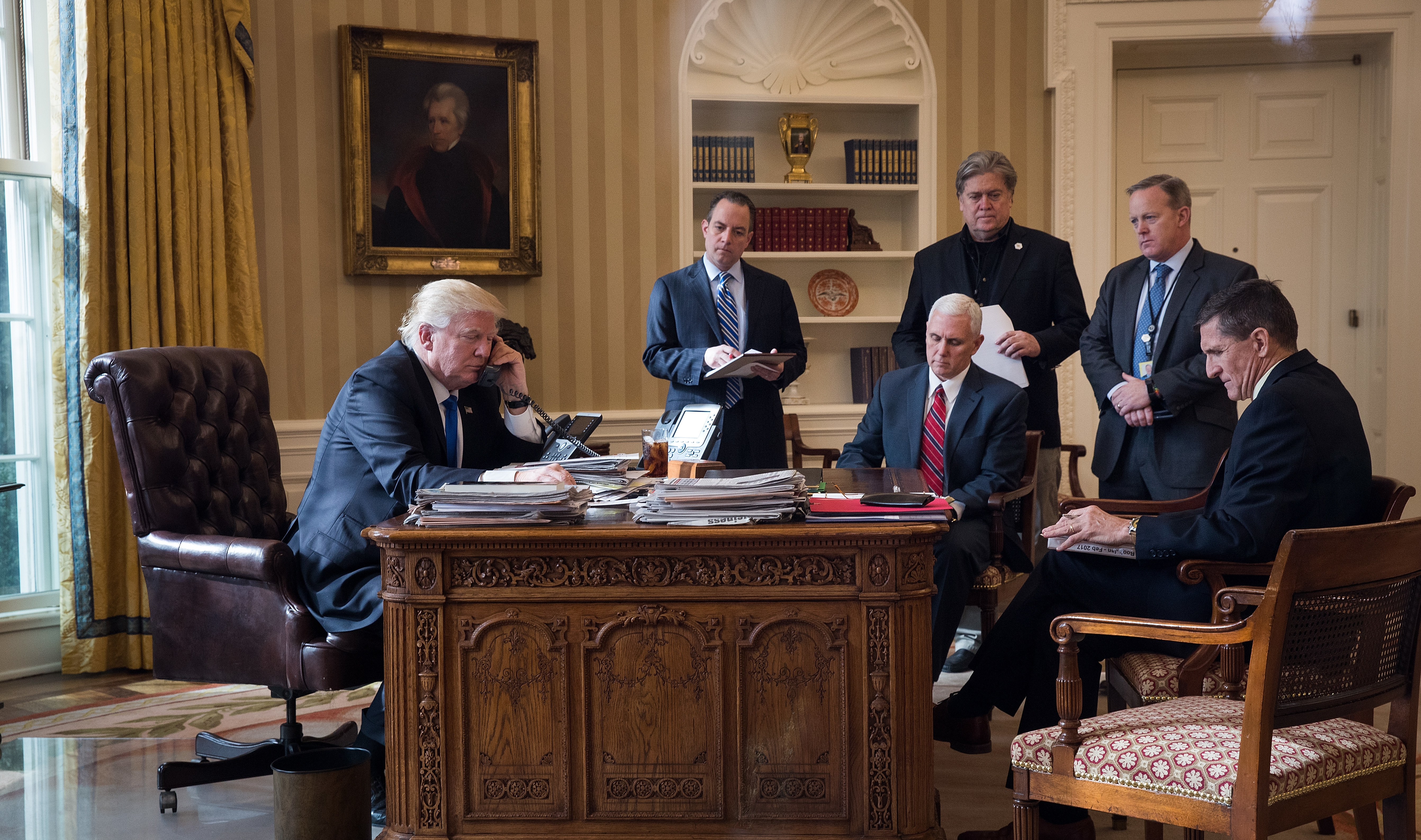 Of the people in this Oval Office photo from Jan. 28, 2017, only President Trump and Vice President Pence are still part of the administration. Reince Priebus, Steve Bannon, Sean Spicer and Michael Flynn have all left. (Getty Images)