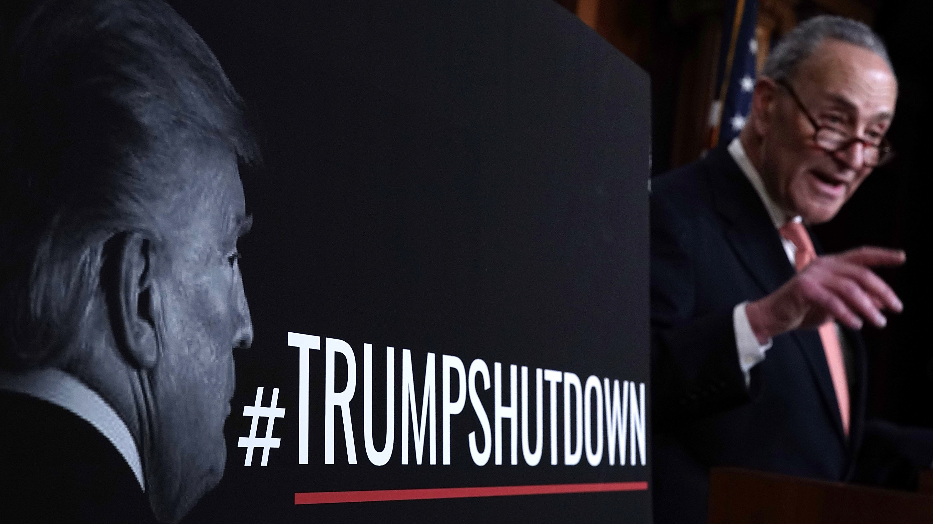 Senate Minority Leader Sen. Chuck Schumer, D-N.Y., speaks during a news conference on Saturday, arguing that the shutdown is mainly President Trump's fault. Republicans say Democrats manufactured the crisis over immigration. (Getty Images)
