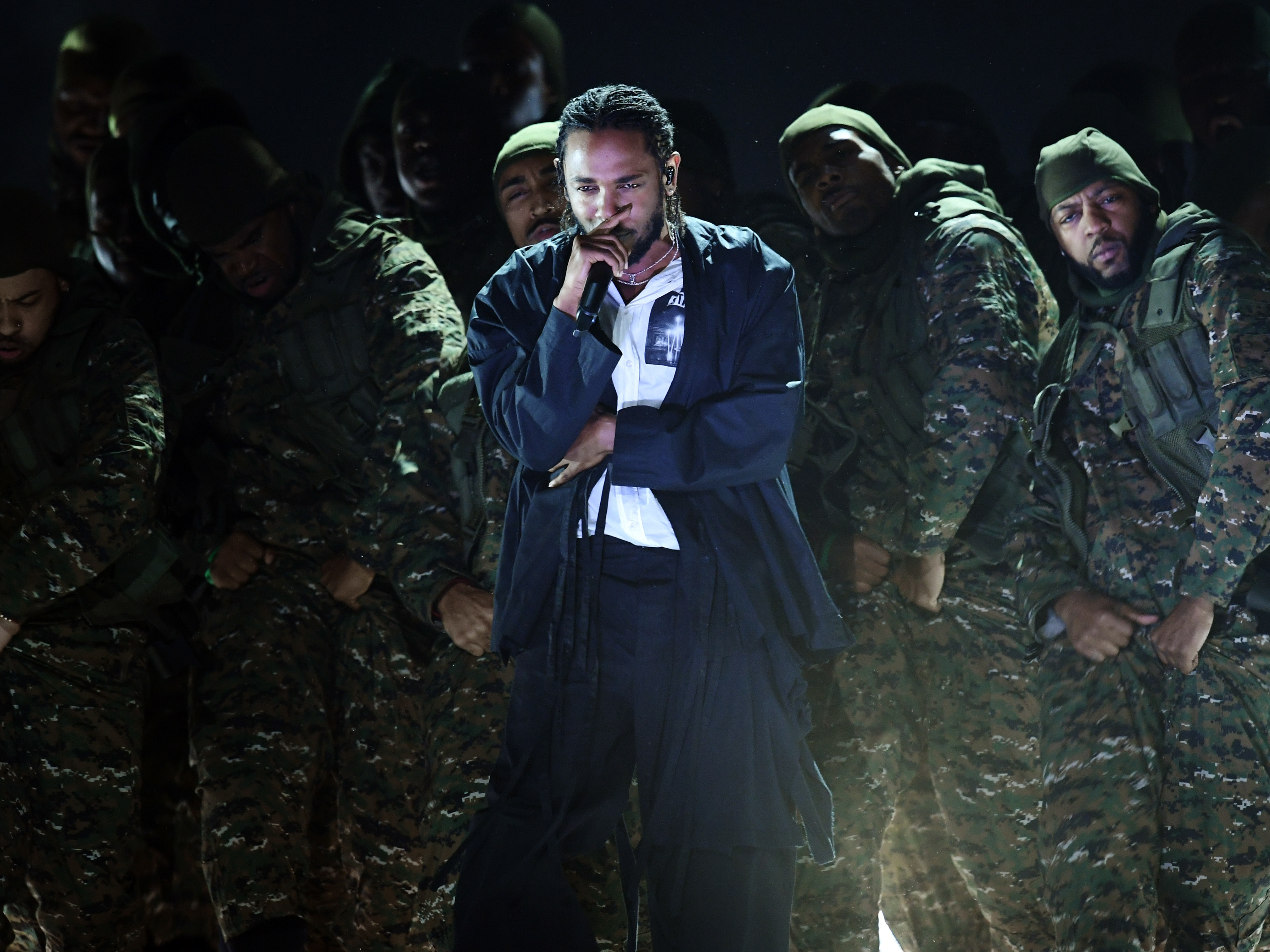 Kendrick Lamar, who is nominated for seven awards at the 2018 Grammy Awards, during his performance, which opened the show. (Getty Images for NARAS)