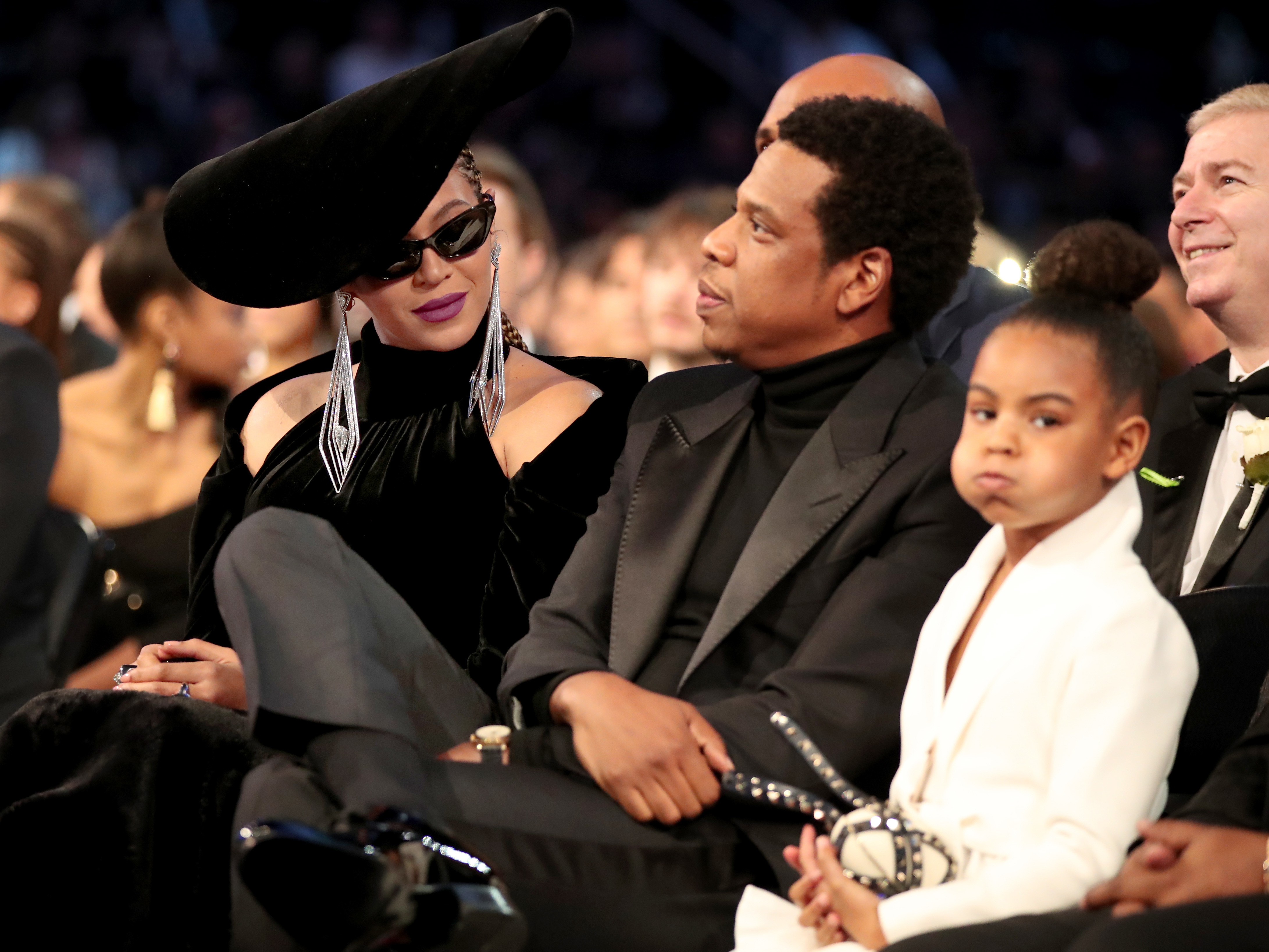 Jay-Z (center), who was nominated for eight Grammys but won no awards Sunday, with his wife, Beyoncé (left) and daughter, Blue Ivy Carter, during the ceremony on Sunday. (Getty Images for NARAS)