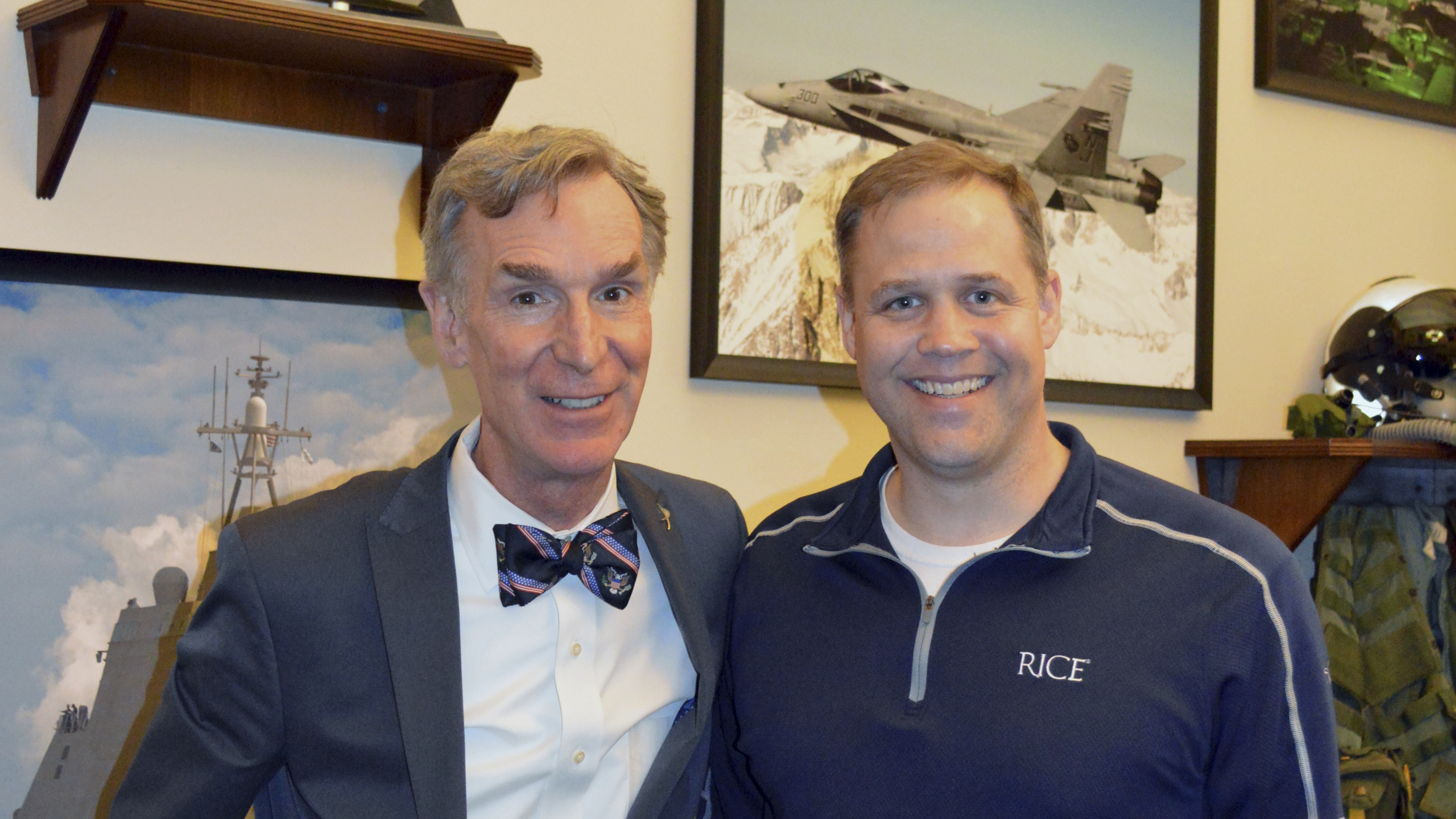 Bill Nye, left, and Rep. Jim Bridenstine, right, pose for a photo in a photo from February 2017 that was provided by the Office of Congressman Jim Bridenstine.