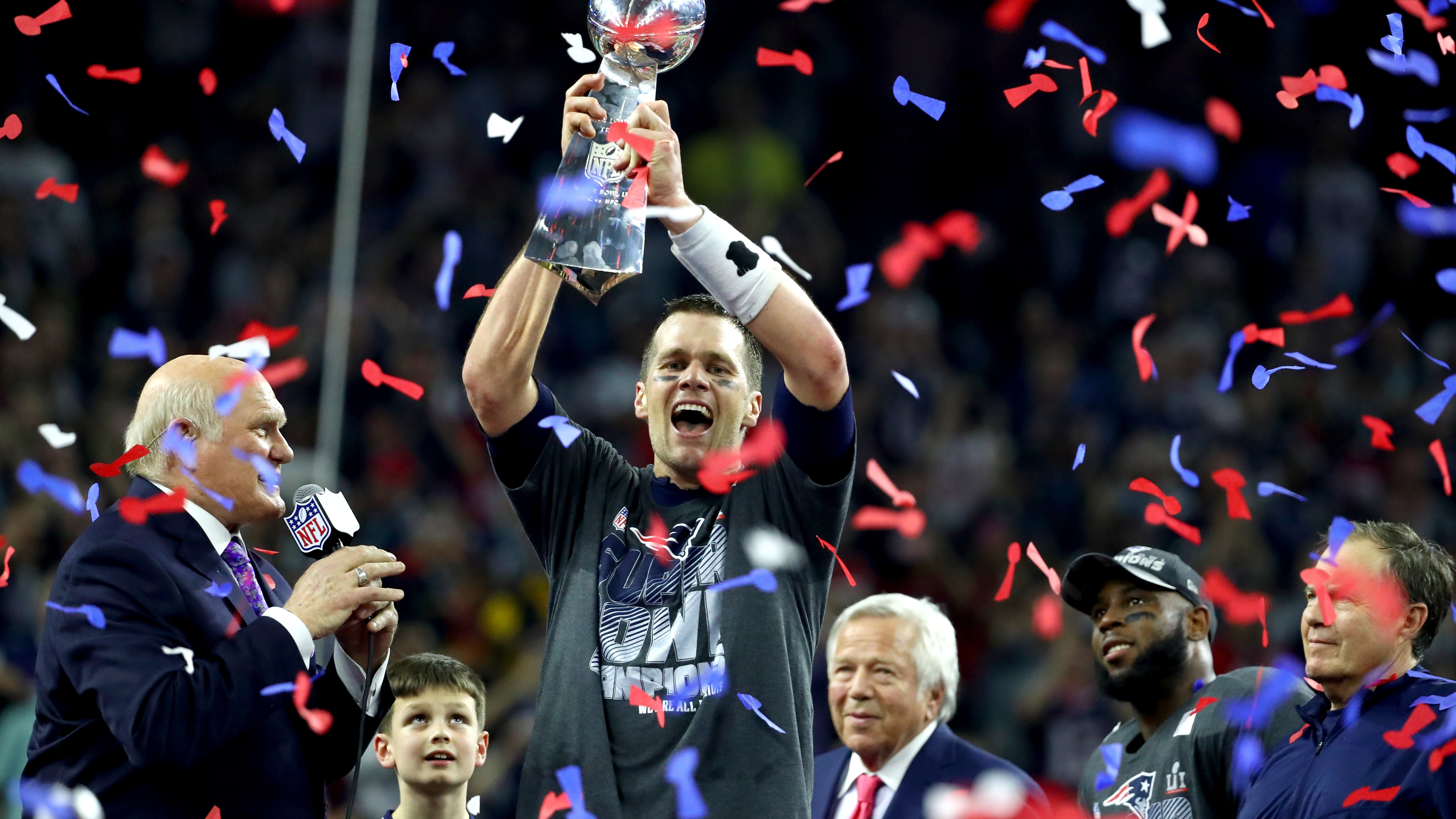 Tom Brady celebrates after the New England Patriots defeat the Atlanta Falcons 34-28 during Super Bowl LI on Feb. 5, 2017, in Houston.