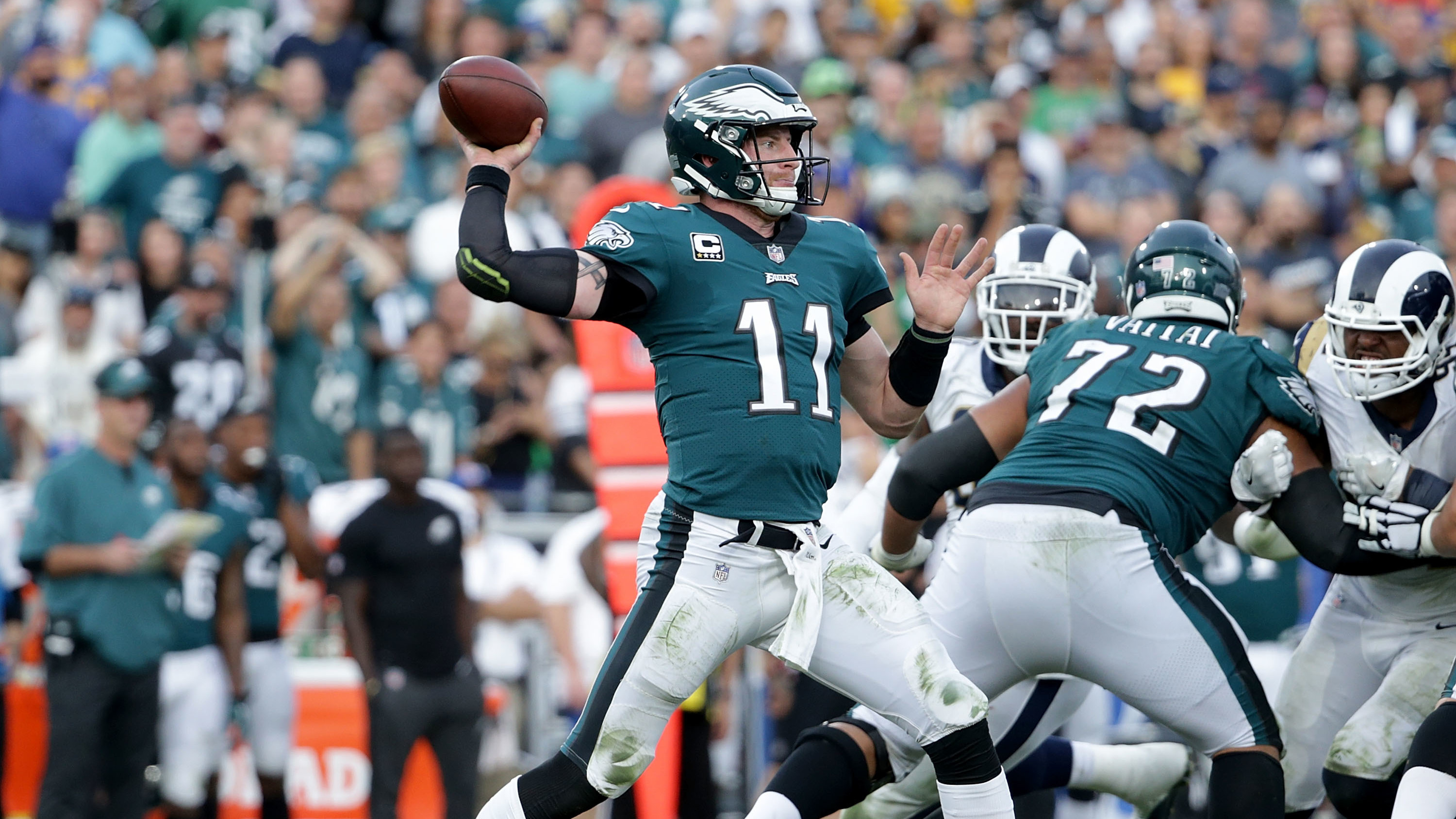 Quarterback Carson Wentz of the Philadelphia Eagles drops back to pass against the Los Angeles Rams on Dec. 10 in Los Angeles. (Getty Images)