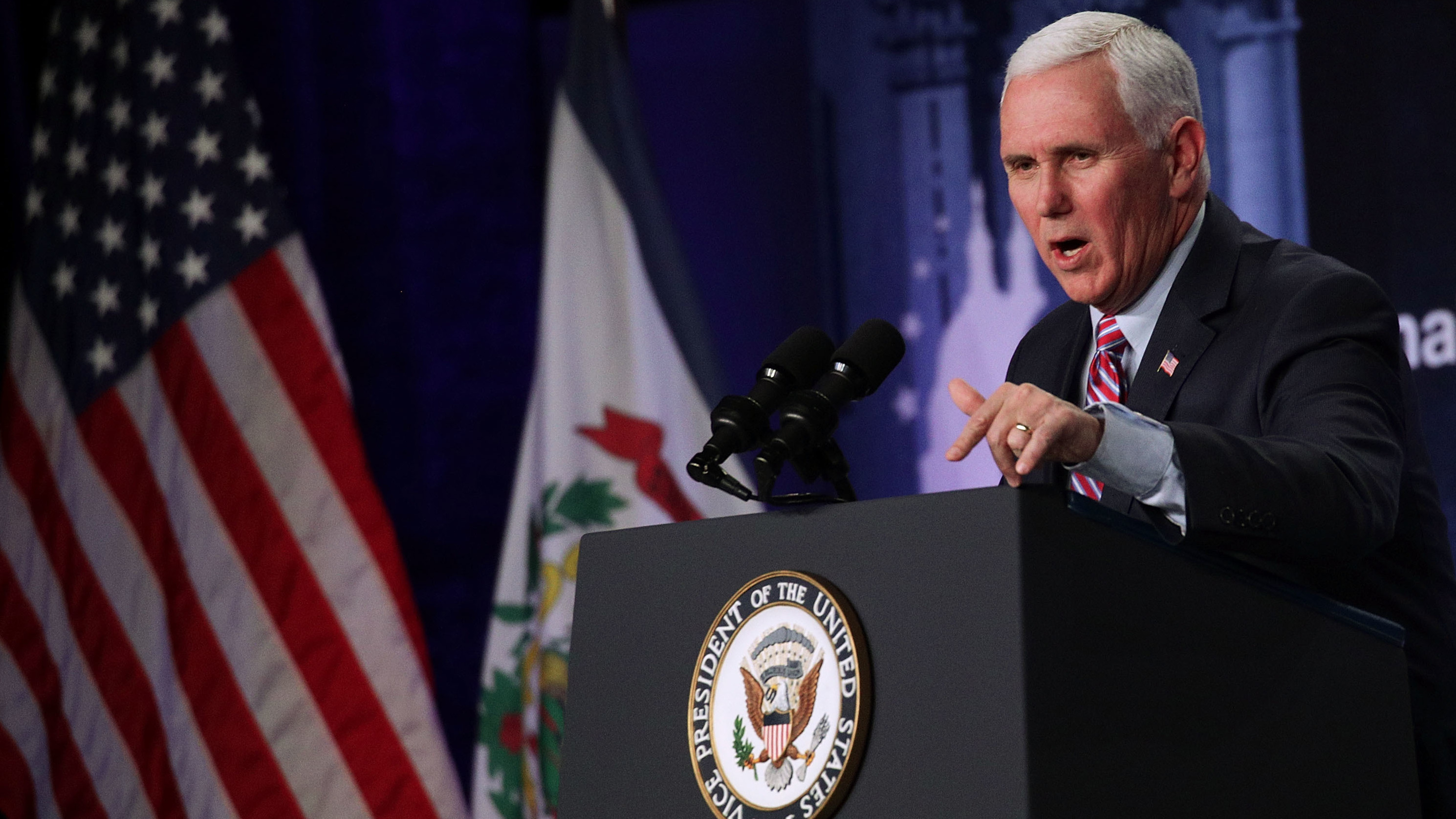 Vice President Pence addresses a dinner earlier this year in White Sulphur Springs, W.V. Pence is heading to South Korea for diplomatic efforts and Olympic events. (Getty Images)