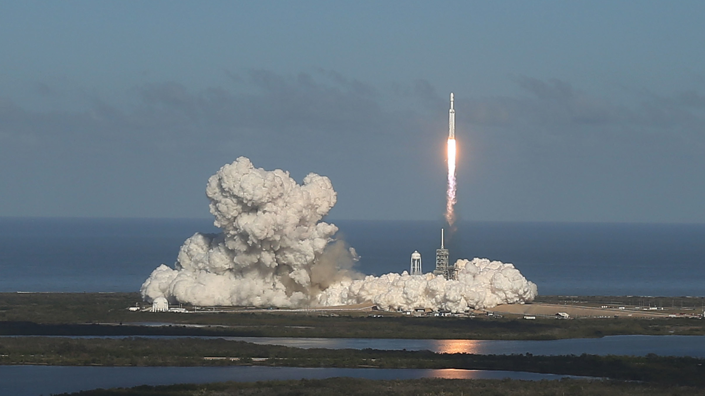 Falcon Heavy blasts off Launch Pad 39A at the Kennedy Space Center on Tuesday. (Getty Images)