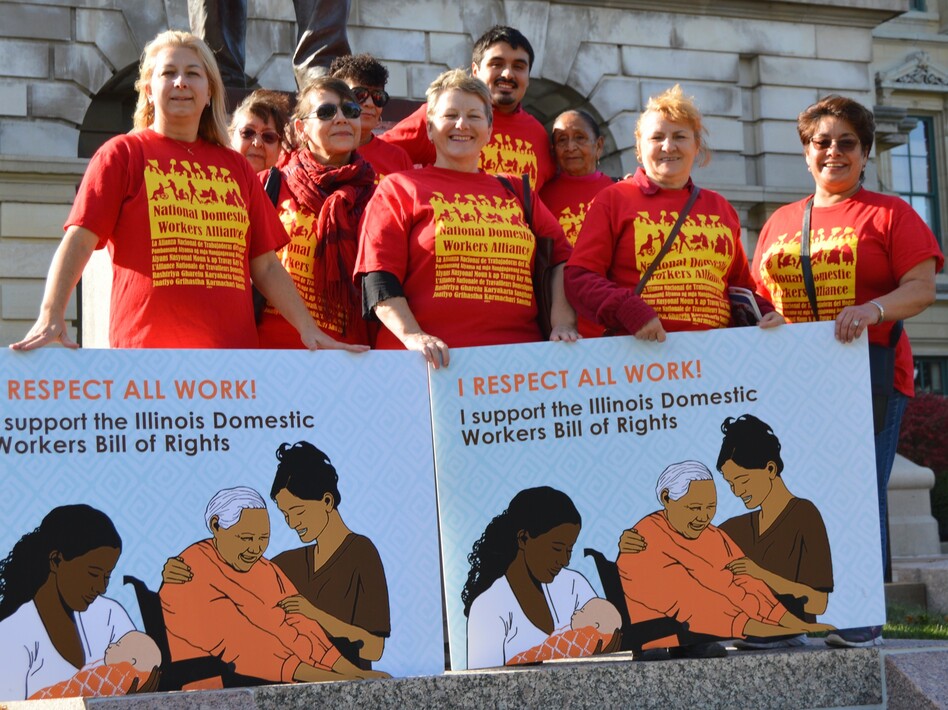 Isabel Escobar (far right) was among a group of Arise Chicago members — Latina and Polish home cleaners, nannies and home care workers — advocating for the Illinois Domestic Workers Bill of Rights during an October 2015 trip to the state capital in Springfield. (Arise Chicago)