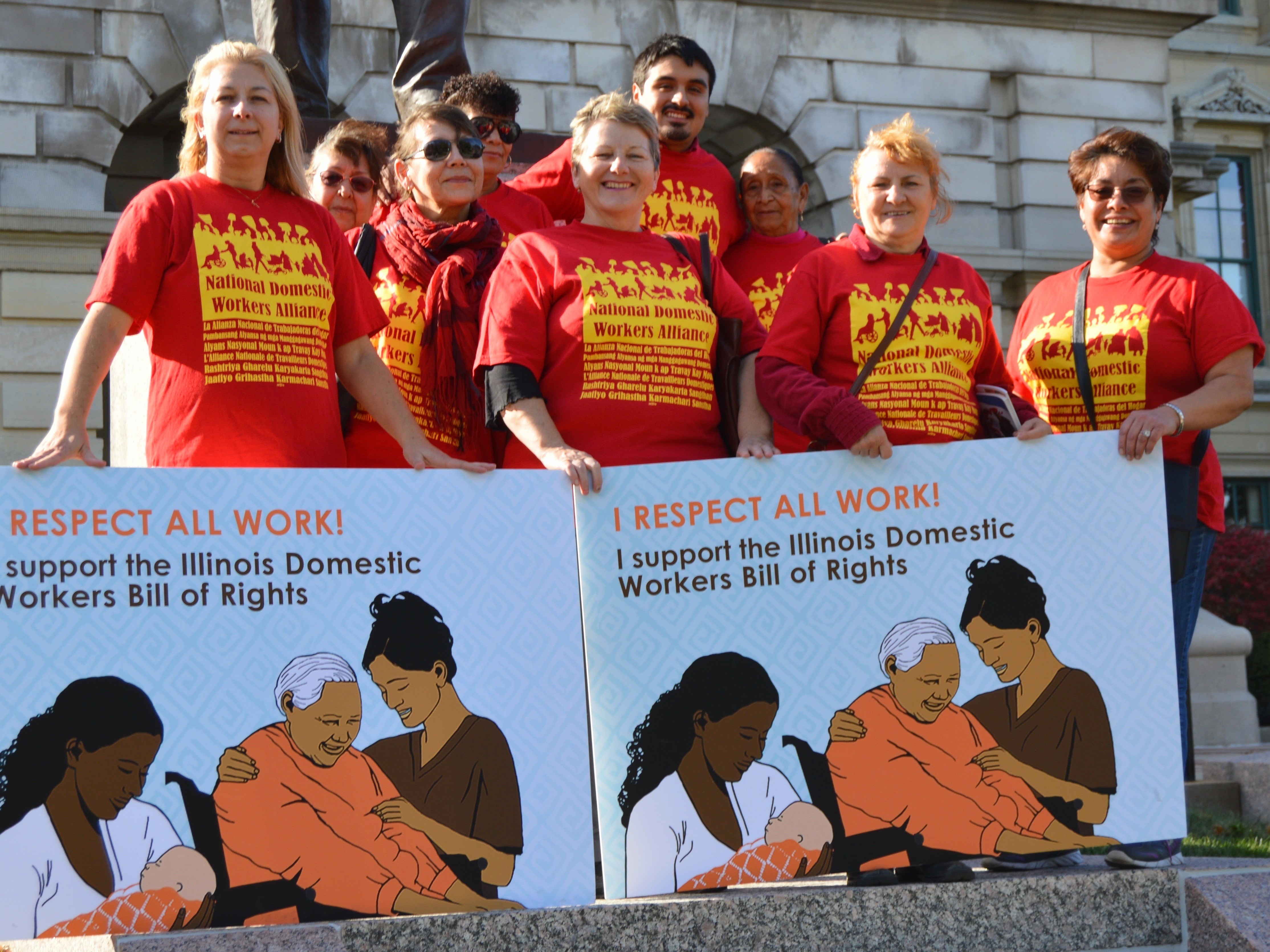 Isabel Escobar (far right) was among a group of Arise Chicago members — Latina and Polish home cleaners, nannies and home care workers — advocating for the Illinois Domestic Workers Bill of Rights during an October 2015 trip to the state capital in Springfield. (Arise Chicago)