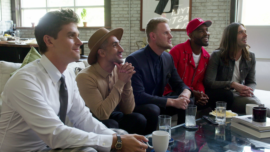 L to R: Antoni Porowsky, Tan France, Bobby Berk, Karamo Brown and Jonathan Van Ness, eyeing queerly. (Netflix)