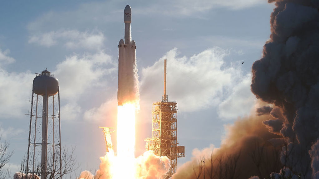 The SpaceX Falcon Heavy rocket lifts off from launch pad 39A at Kennedy Space Center on Feb. 6, 2018, in Cape Canaveral, Fla.