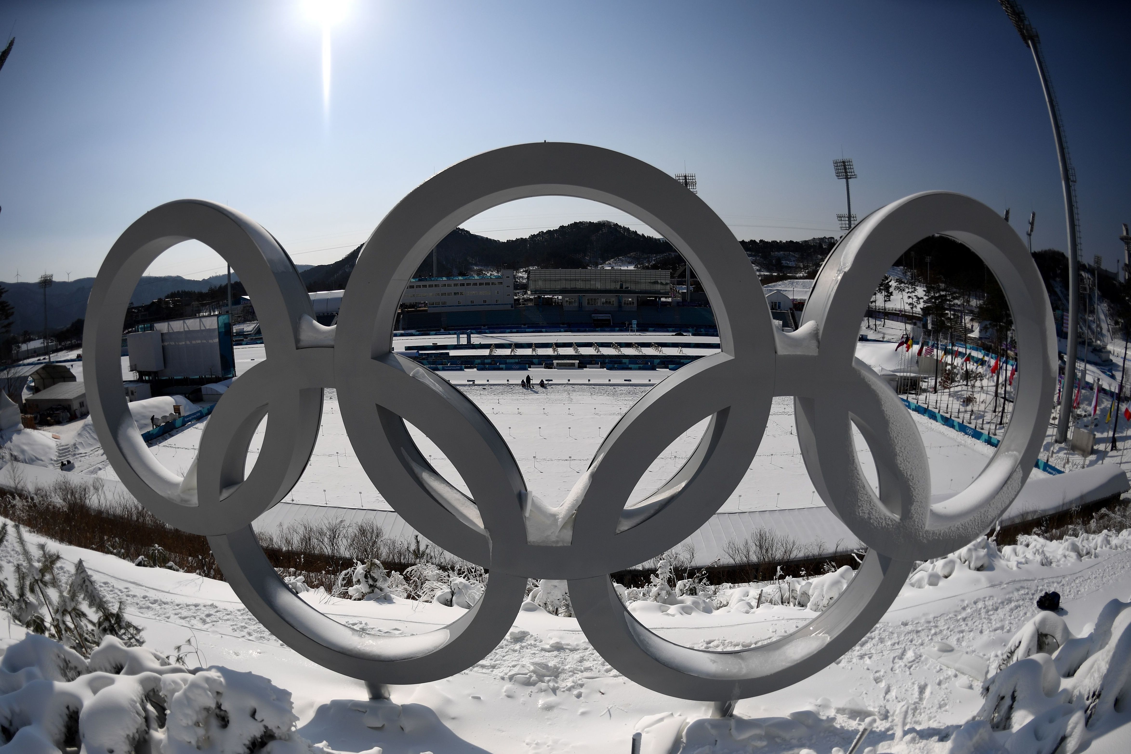 The Olympic rings are pictured on Feb. 8 at the biathlon shooting range ahead of the Pyeongchang Winter Olympics in South Korea. (AFP/Getty Images)