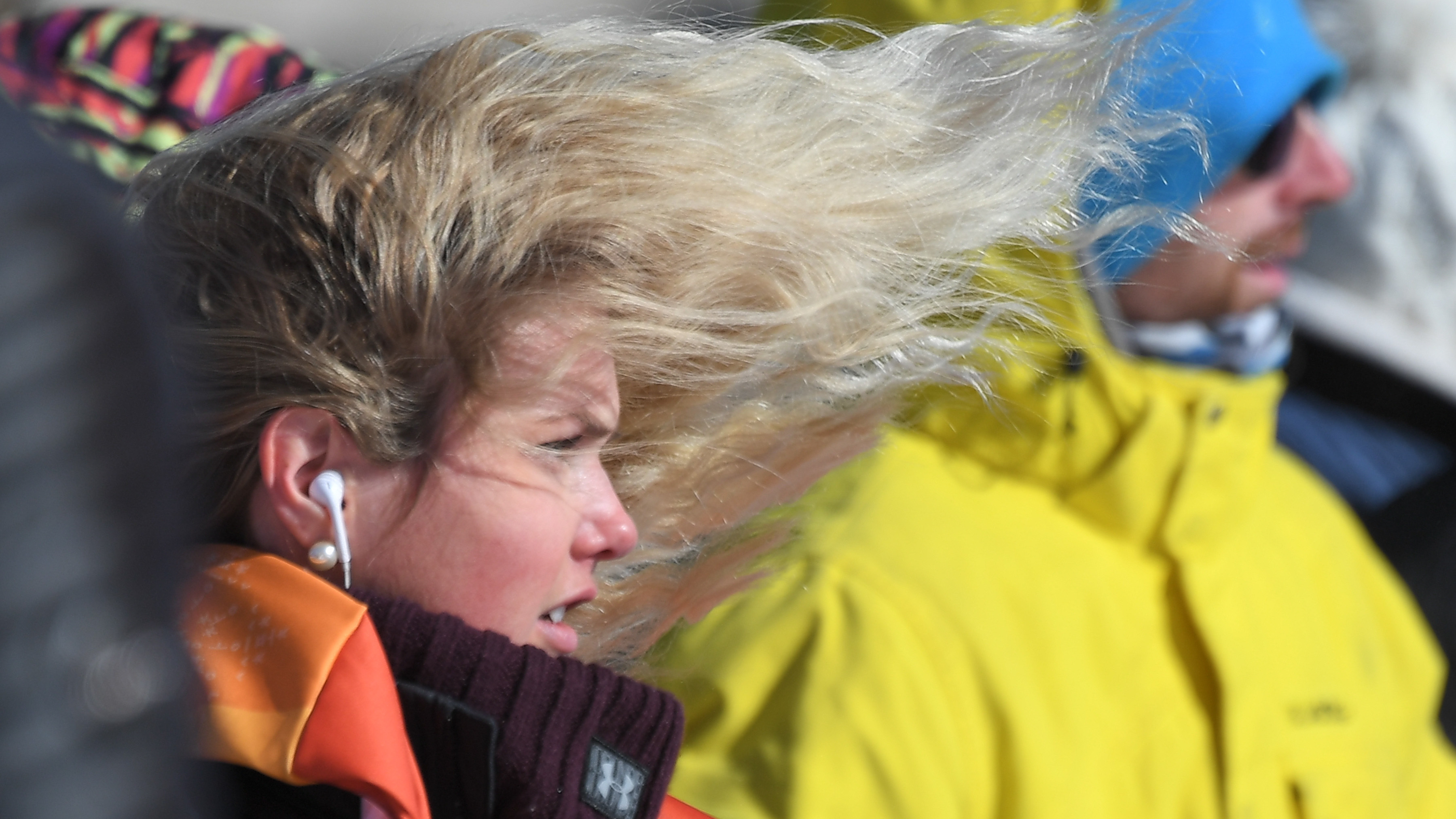 Norway's Silje Norendal's hair blows in the strong wind during the women's snowboard slopestyle final event at the Phoenix Snow Park during the Pyeongchang 2018 Winter Olympic Games on Monday. (AFP/Getty Images)