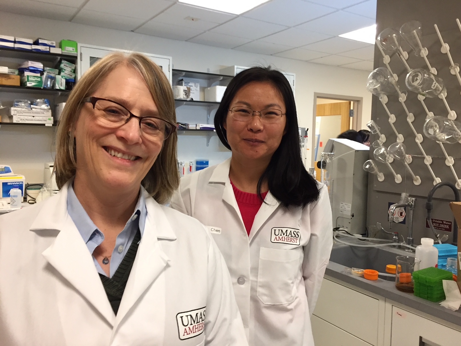 UMass food scientists Lynne McLandsborough, left, and Lili He are researching ways to use your smartphone to detect bacteria in food. (New England Public Radio)