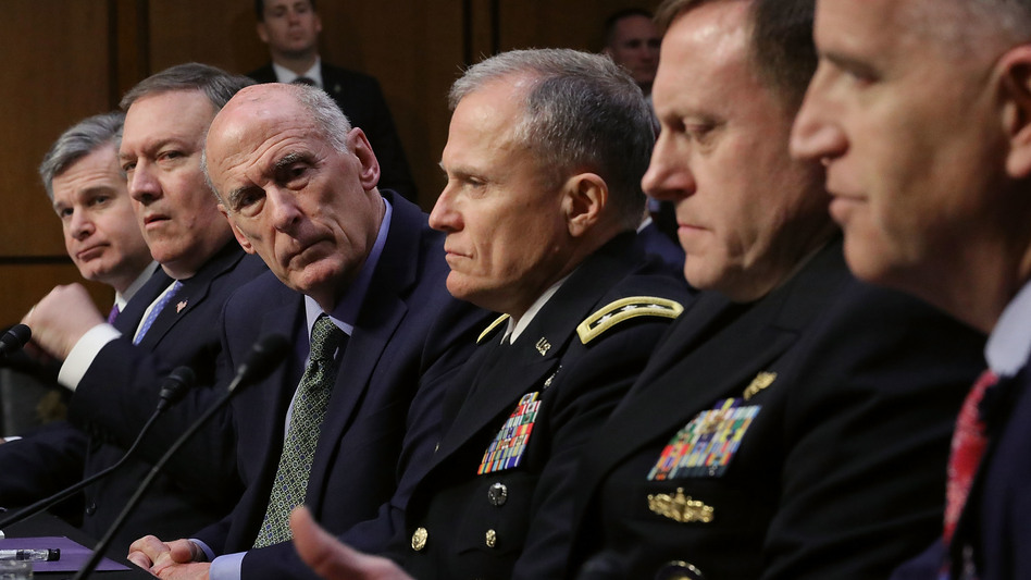 Left to right: FBI Director Christopher Wray, CIA Director Mike Pompeo, Director of National Intelligence Dan Coats, Defense Intelligence Agency Director Robert Ashley, NSA Director Adm. Michael Rogers and National Geospatial Intelligence Agency Director Robert Cardillo testify before the Senate intelligence committee Tuesday in Washington, D.C. (Chip Somodevilla/Getty Images)