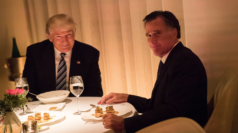 President-elect Trump and Mitt Romney dine at Jean Georges restaurant in November in New York, as Trump considered Romney for secretary of state. (Drew Angerer/Getty Images)